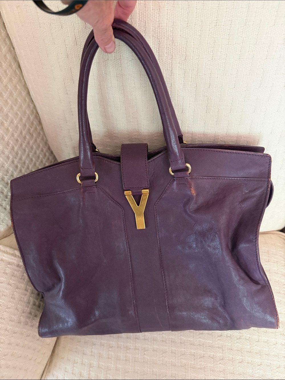 Yves Saint Laurent Plum Leather Tote with Gold Y Closure